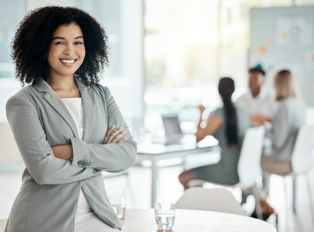 Corporate woman manager in meeting, leadership of training workshop and coach in work conference at